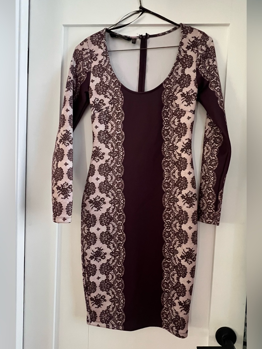 Kardashian Kollection Plum and Blush Lace-Panel Long Sleeve Bodycon Dress